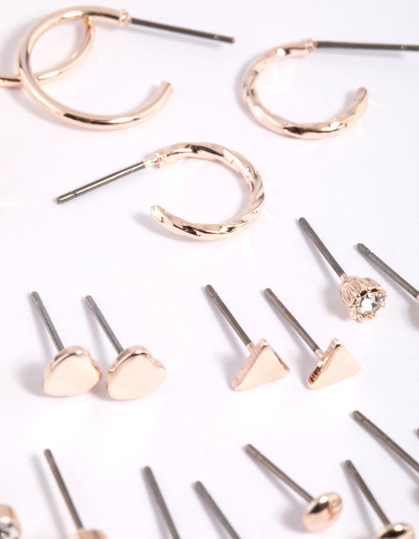 Rose Gold Diamante Heart Stud Earring Pack