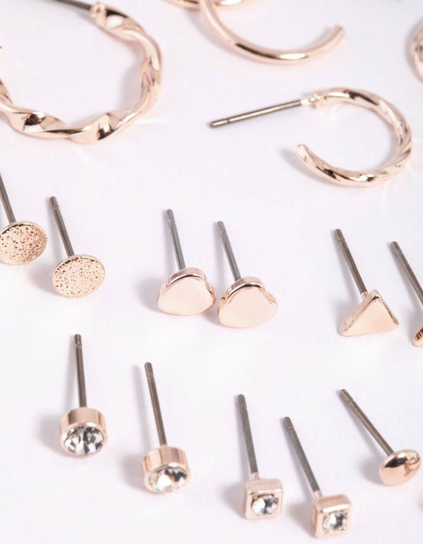 Rose Gold Diamante Heart Stud Earring Pack