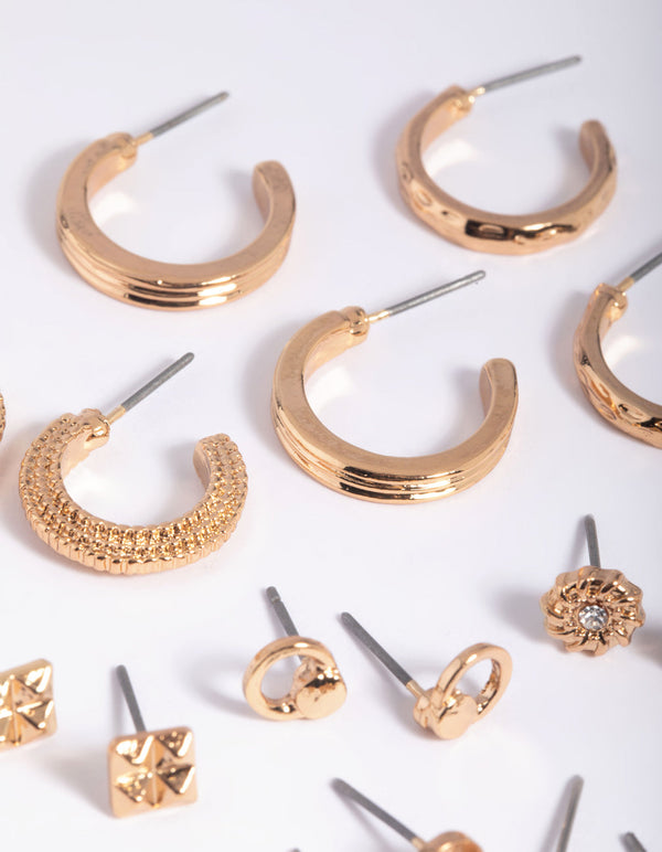 Gold Textured Stud and Hoop Earring Pack