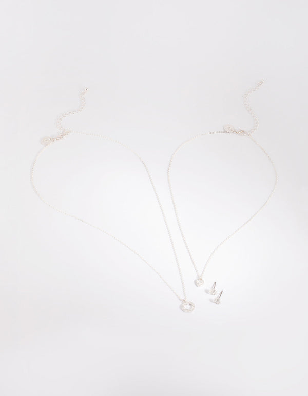 Silver Cubic Zirconia Layered Heart Necklace and Earrings Set