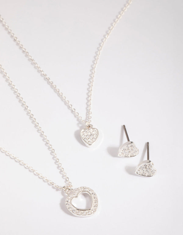 Silver Cubic Zirconia Layered Heart Necklace and Earrings Set