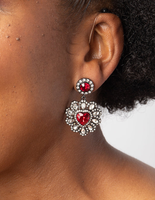 Matte Red Diamante Heart Drop Earrings