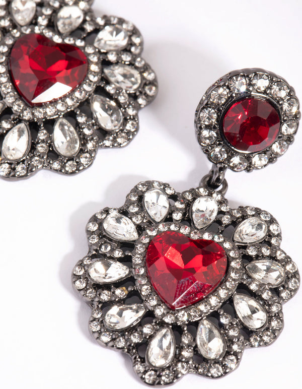 Matte Red Diamante Heart Drop Earrings