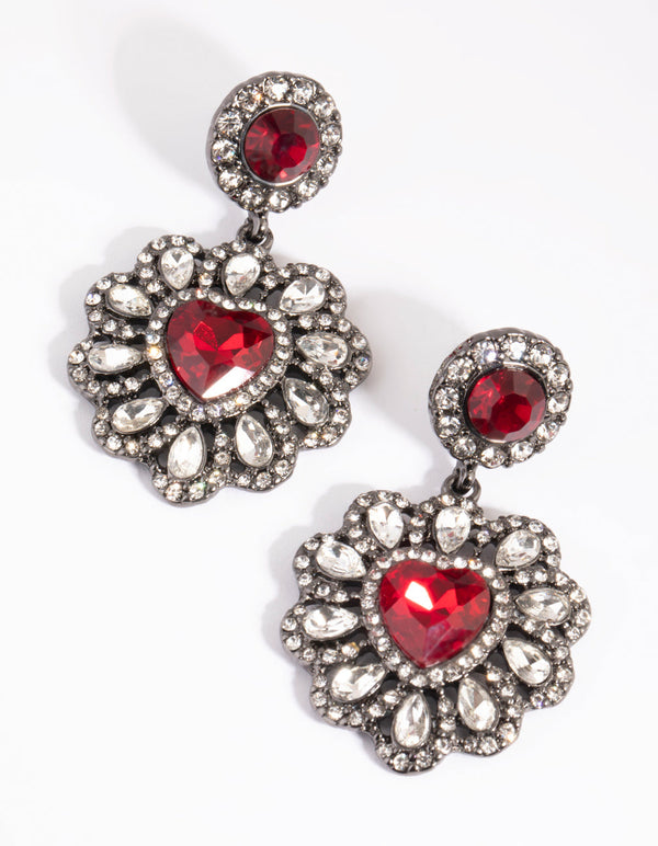 Matte Red Diamante Heart Drop Earrings