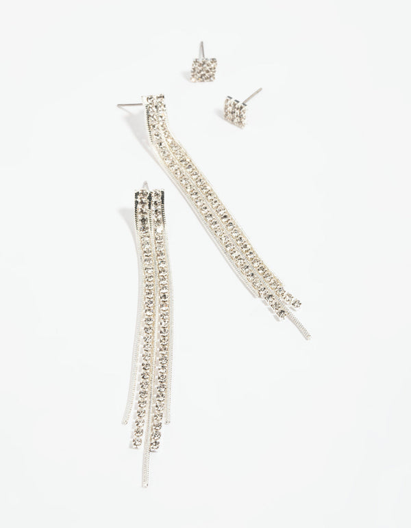 Silver Diamante Stud Earring Set