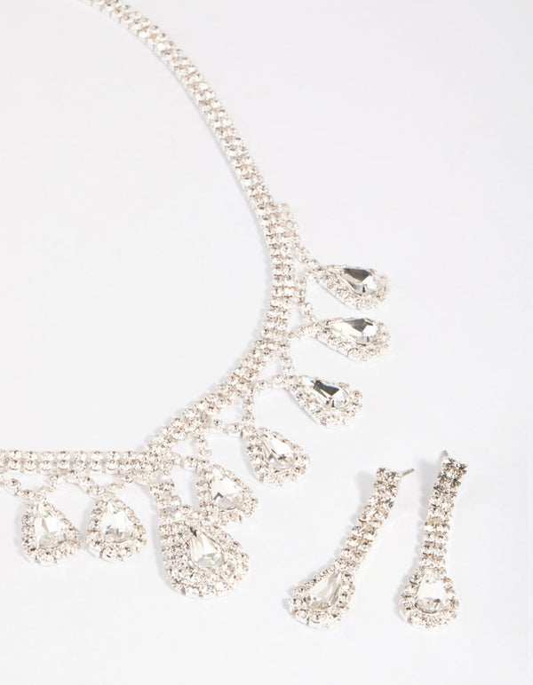 Silver Teardrop Diamante Statement Necklace and Earrings Set