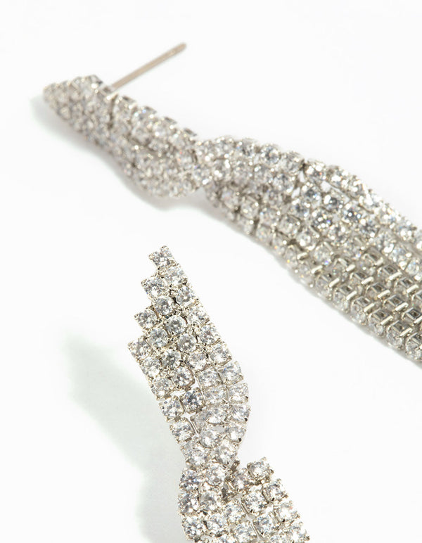 Rhodium Cubic Zirconia Twisted Drop Earrings