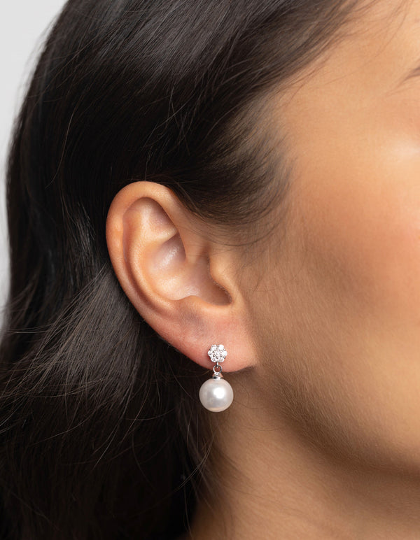 Rhodium Cubic Zirconia Pearl Drop Earrings