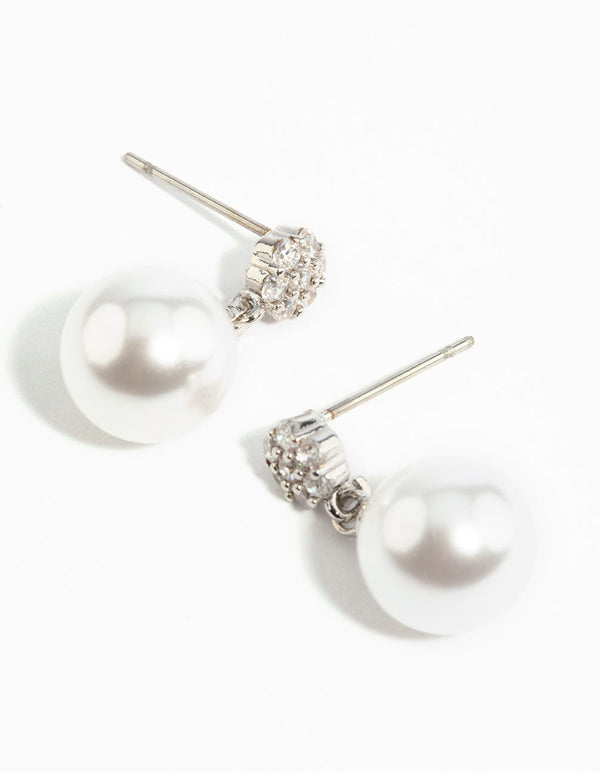 Rhodium Cubic Zirconia Pearl Drop Earrings
