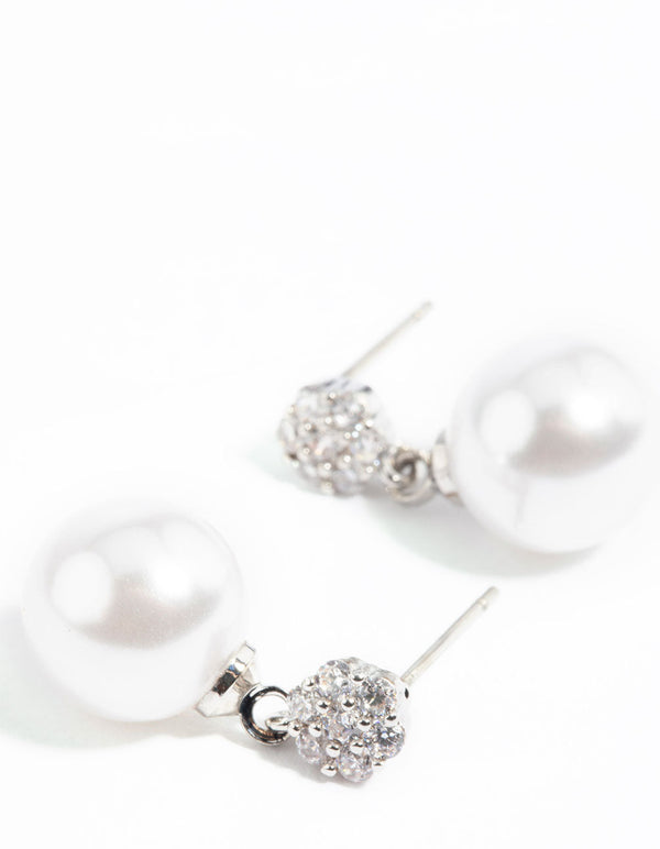 Rhodium Cubic Zirconia Pearl Drop Earrings