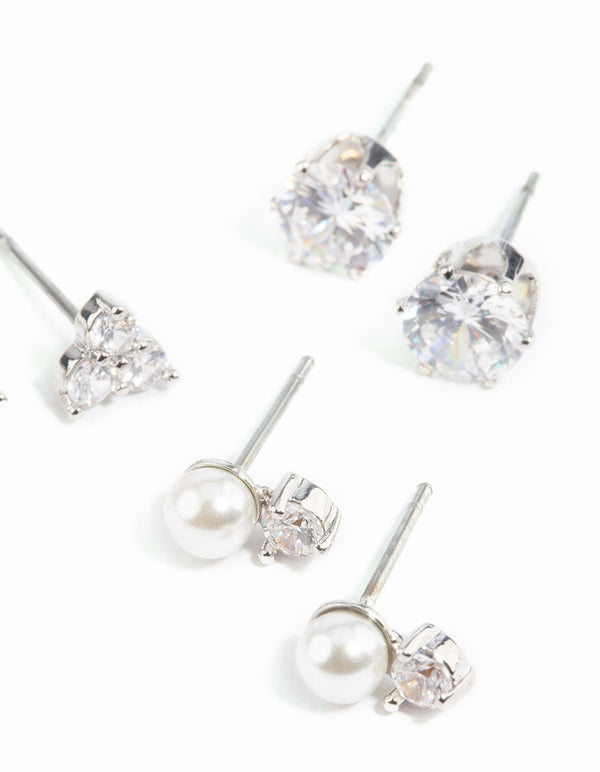 Rhodium Cubic Zirconia Pearl Stud Earring Pack