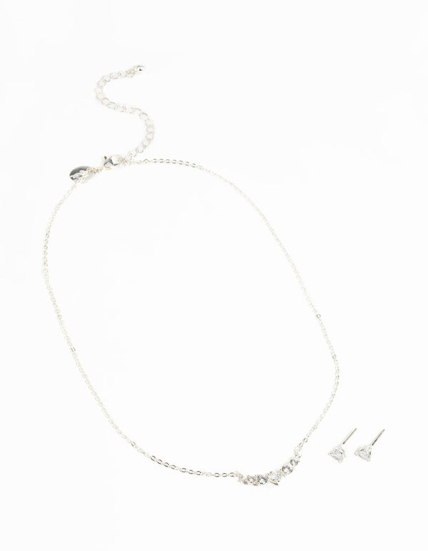 Silver Cubic Zirconia Heart Necklace and Earrings Set