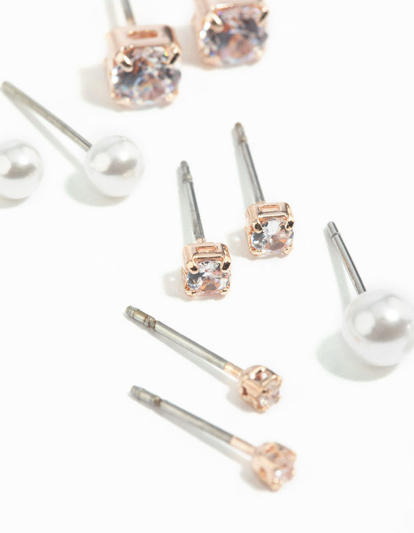 Rose Gold Diamante Stud Earring Pack