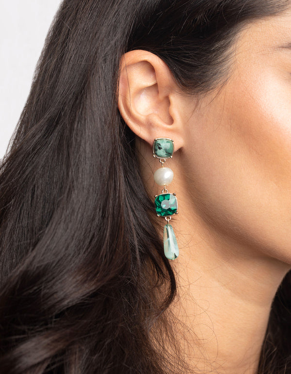 Green Pearl and Diamante Drop Earrings