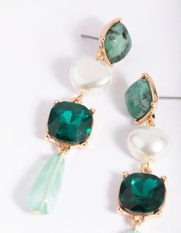 Green Pearl and Diamante Drop Earrings
