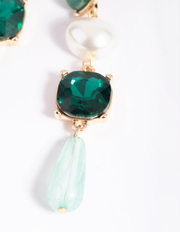Green Pearl and Diamante Drop Earrings