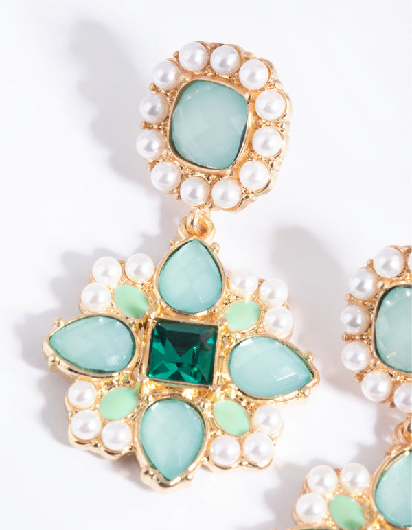 Green Statement Stone and Pearl Drop Earrings