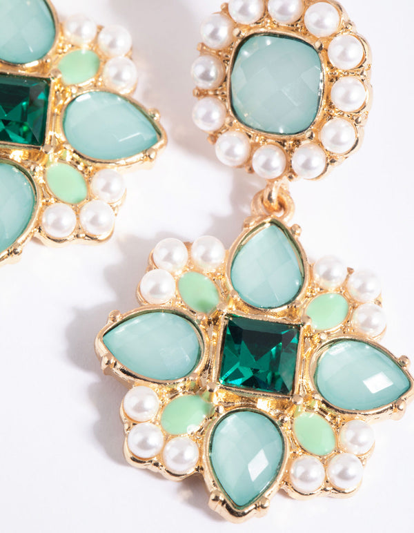 Green Statement Stone and Pearl Drop Earrings