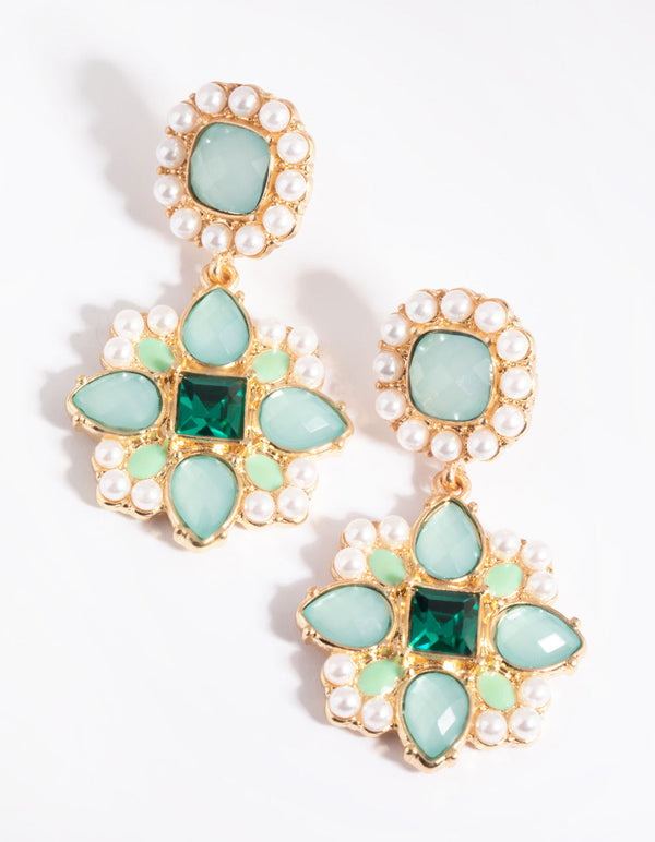 Green Statement Stone and Pearl Drop Earrings