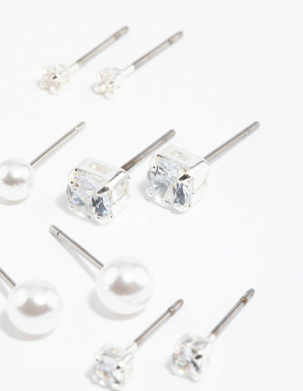 Silver Diamante Stud Earring Pack