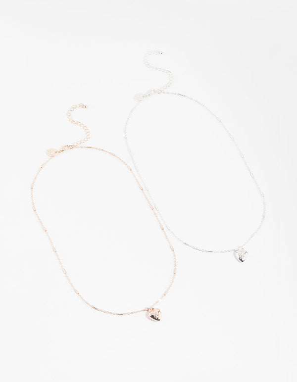 Mixed Metal Puff Heart Necklace Set