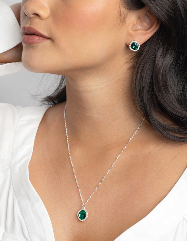 Green Cushion Halo Necklace and Earrings Set