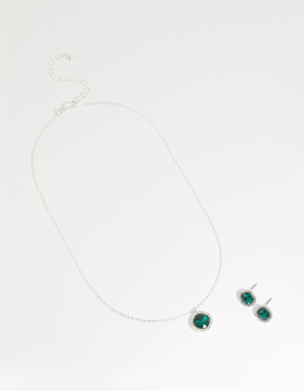 Green Cushion Halo Necklace and Earrings Set