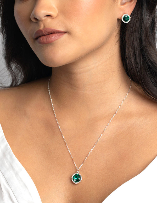 Green Cushion Halo Necklace and Earrings Set