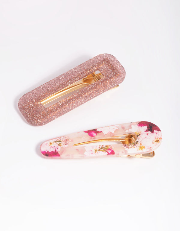 Pink Floral Glitter Clips