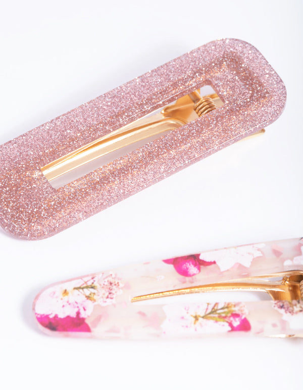 Pink Floral Glitter Clips