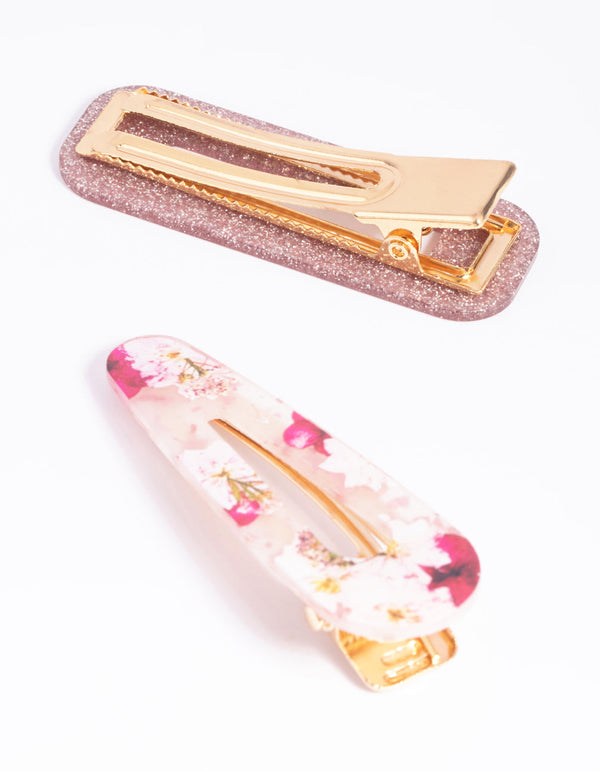 Pink Floral Glitter Clips
