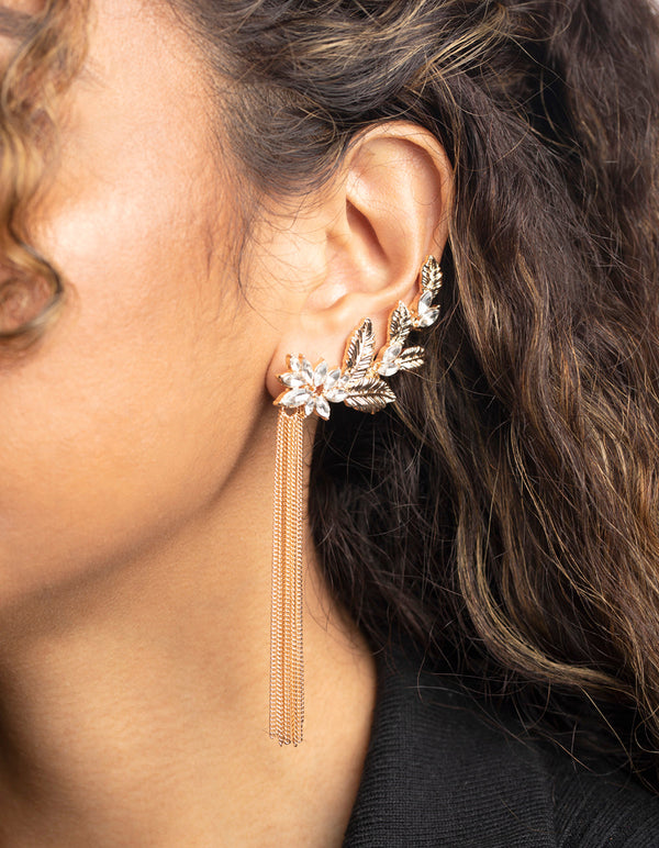 Gold Flower Chain Cuff Earrings