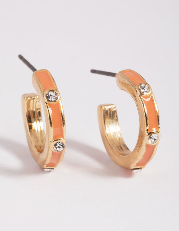 Orange Enamel Diamante Hoop Earrings