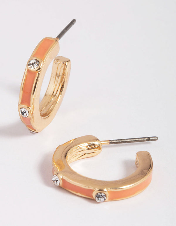 Orange Enamel Diamante Hoop Earrings