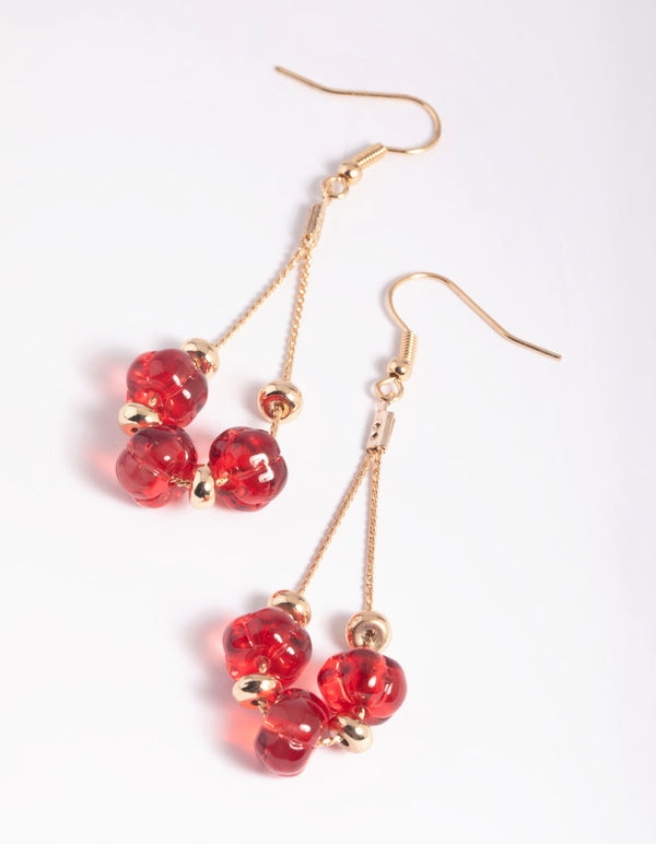 Red Thread and Bead Drop Earrings