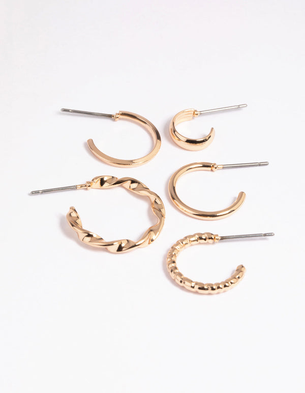 Gold Smooth and Twisted Stacking Earrings
