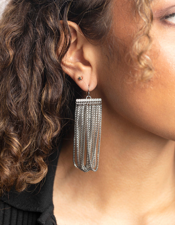 Rhodium Bar and Chain Drop Earrings