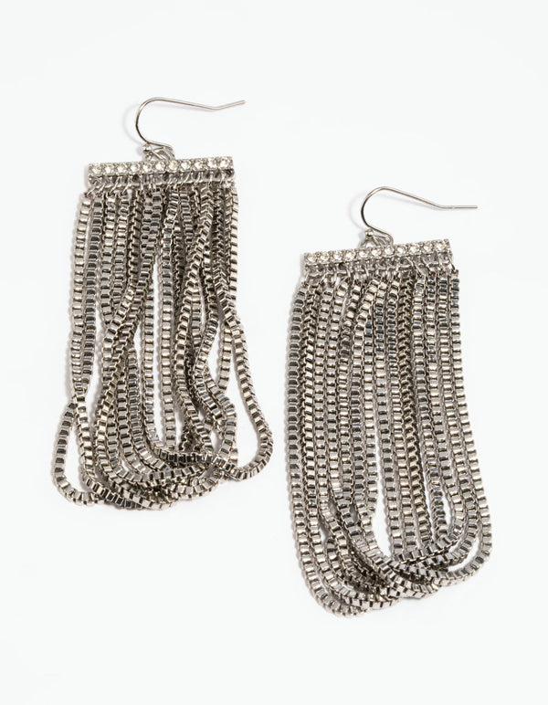 Rhodium Bar and Chain Drop Earrings