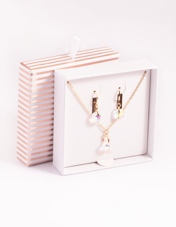Iridescent Diamante Heart Necklac eand Huggie Hoop Earrings