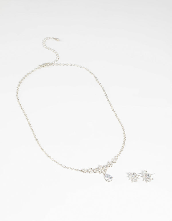Diamond Simulant Flower Necklace and Earrings Set