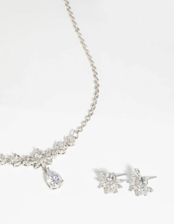 Diamond Simulant Flower Necklace and Earrings Set
