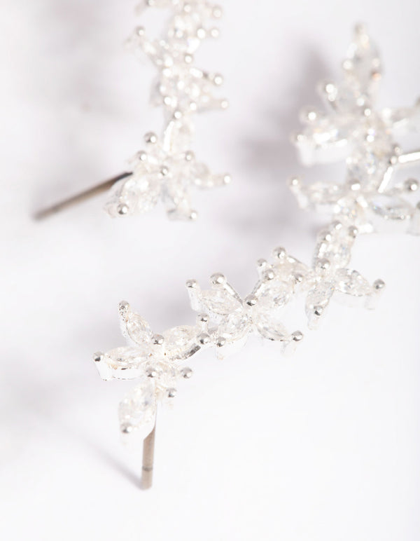 Silver Cubic Zirconia Floral Cuff Earrings