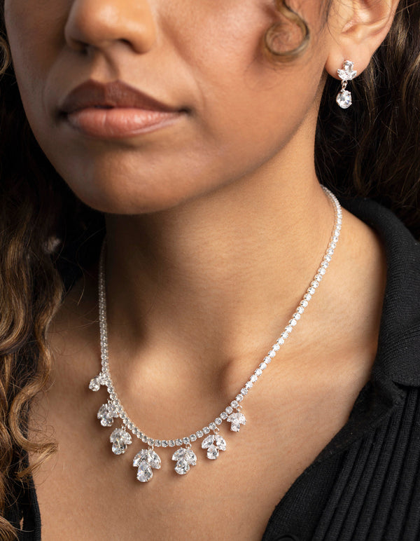Silver Cubic Zirconia Marquise Statement Necklace and Earrings Set