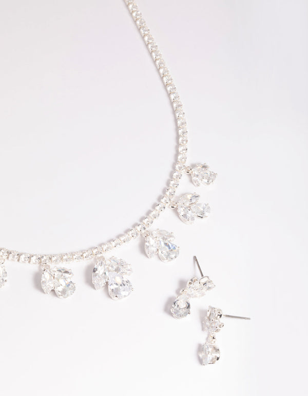 Silver Cubic Zirconia Marquise Statement Necklace and Earrings Set