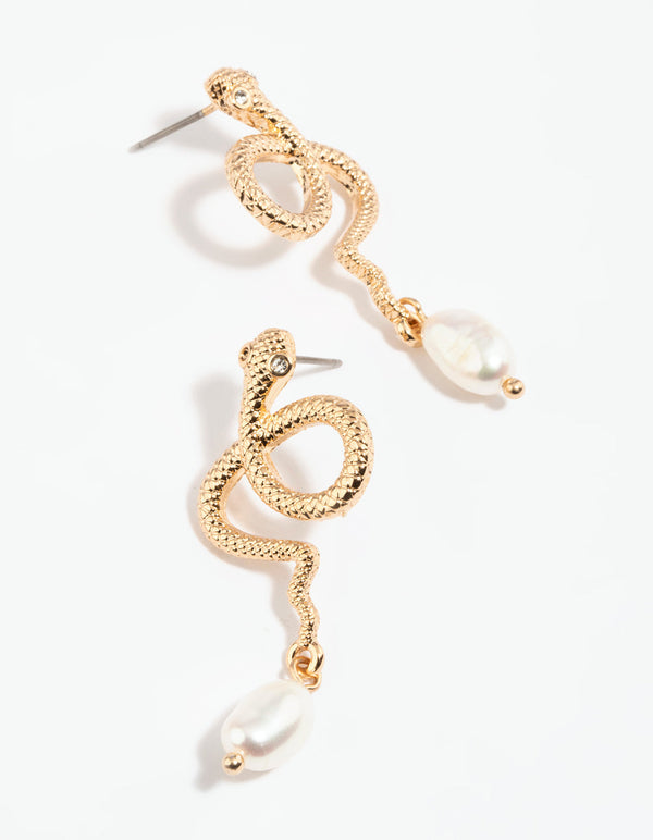 Gold Snake and Pearl Drop Earrings