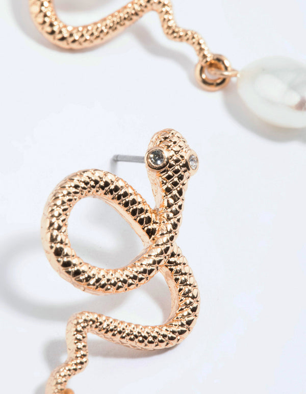 Gold Snake and Pearl Drop Earrings