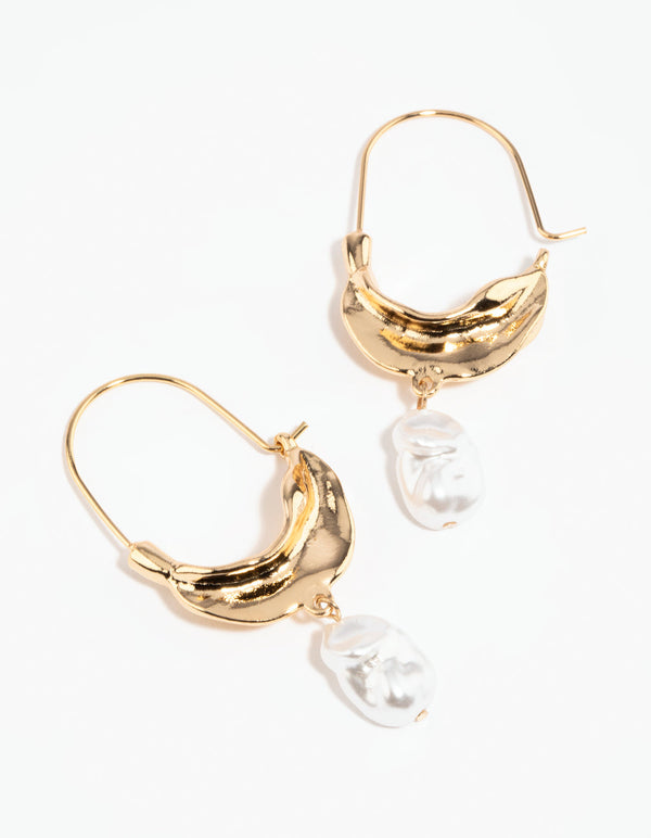 Gold Organic Metal Pearl Hoop Earrings