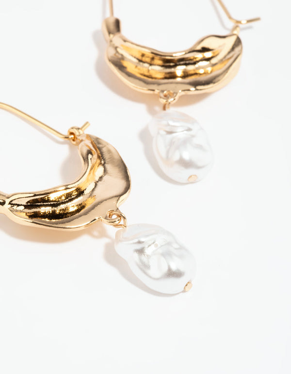 Gold Organic Metal Pearl Hoop Earrings