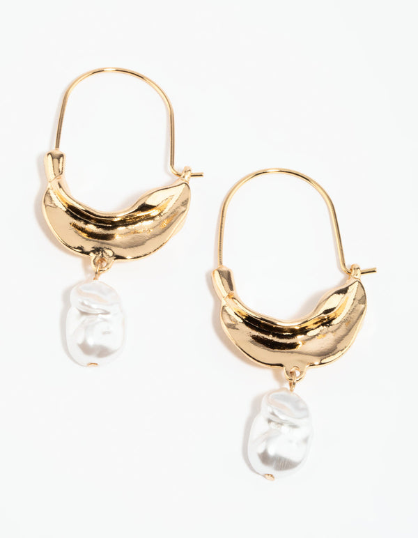 Gold Organic Metal Pearl Hoop Earrings