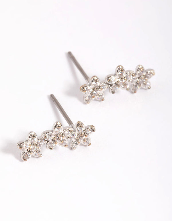 Rhodium Flower Cluster Crawler Stud Earrings